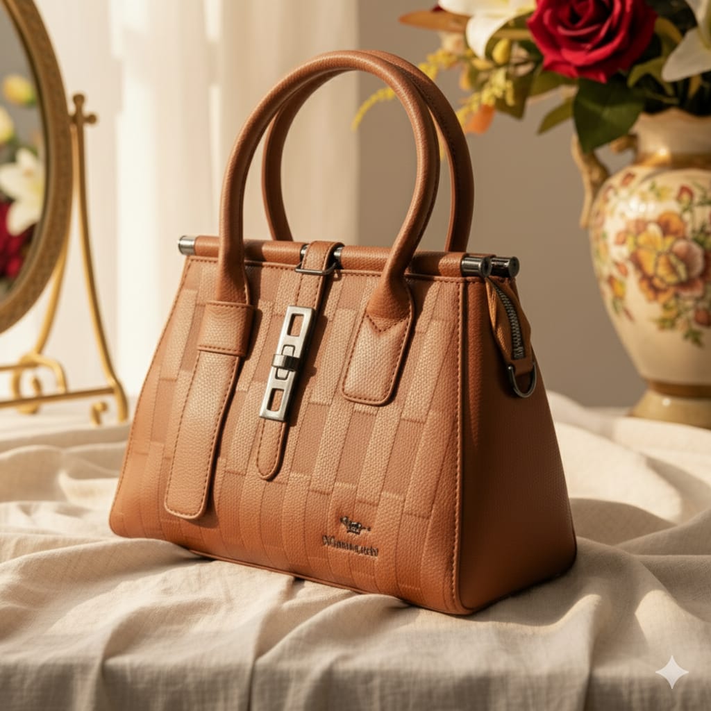 Brown Leather Satchel/Handbag with Geometric Stitching