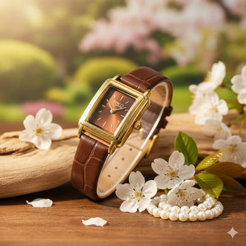 Vincci Classic Rectangular Gold-Tone Watch with Brown Leather Strap