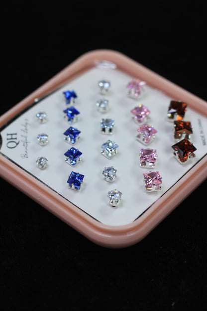 Set of 12 Elegant Stud Earrings in Multiple Colors and Shapes