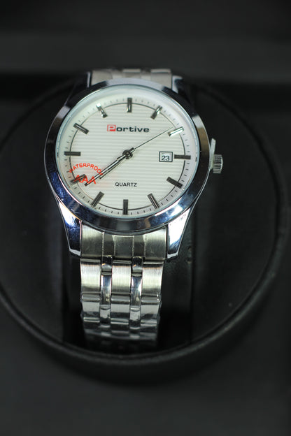 Refined Portive. Silver, quartz, date window. Premium watch.