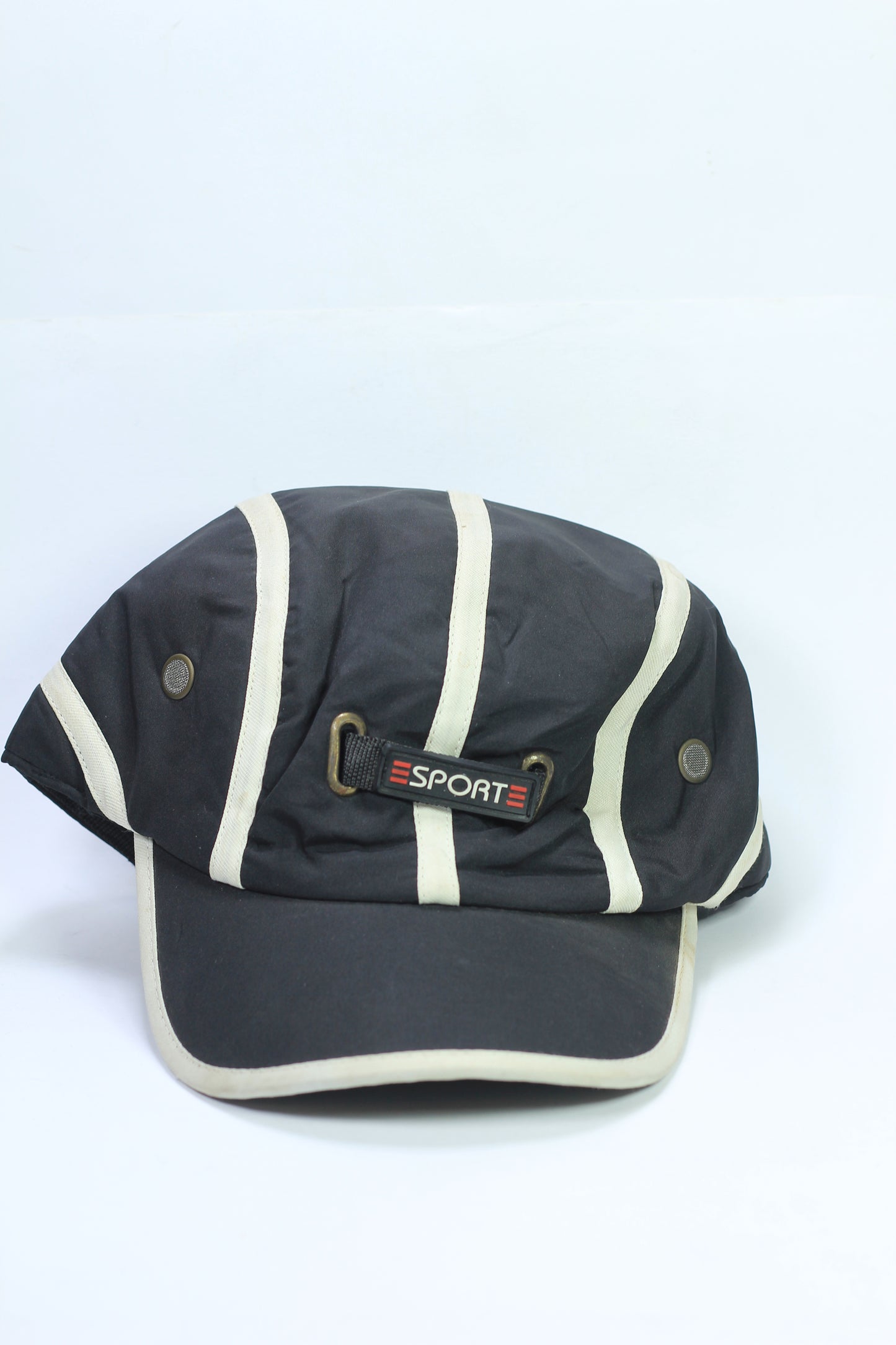 Sport Black Cap with Ear Protection and White Stripes