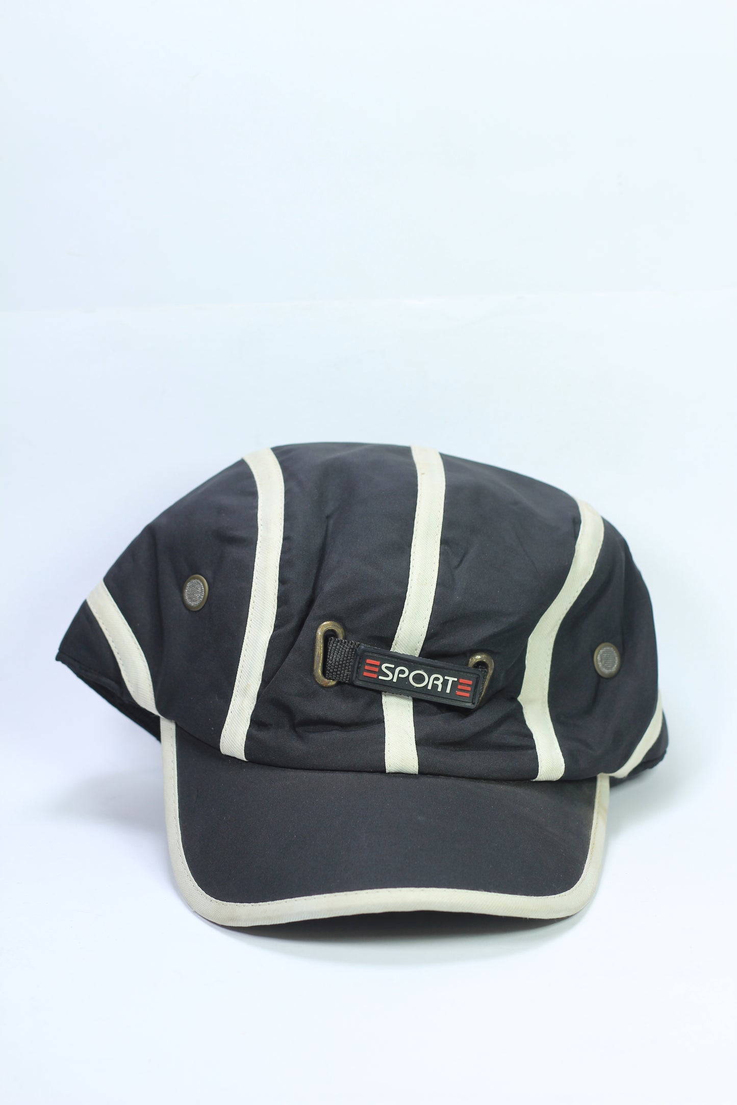 Sport Black Cap with Ear Protection and White Stripes