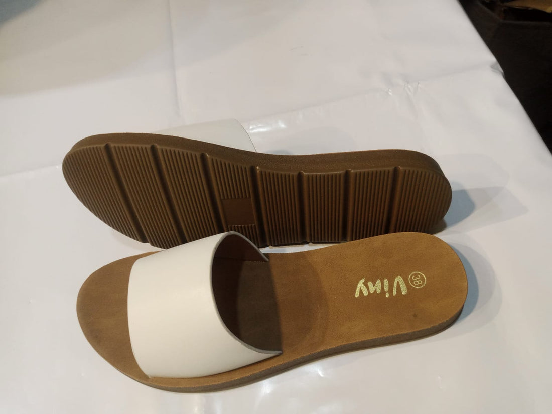 Casual White and Brown Slip-On Sandals – Comfortable and Stylish
