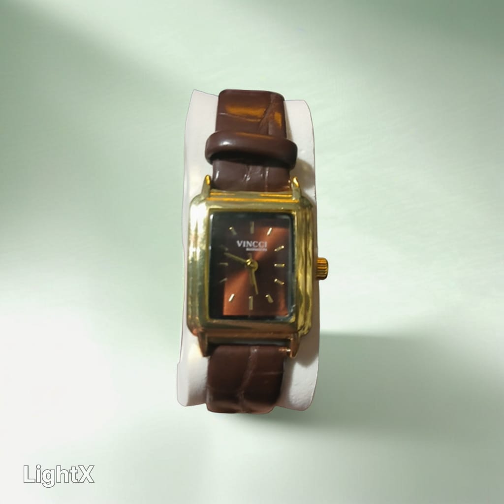 Vincci Classic Rectangular Gold-Tone Watch with Brown Leather Strap