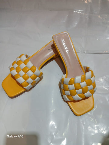 Yellow & White Woven Strap Sandals – Square Toe, Slip-On Mules