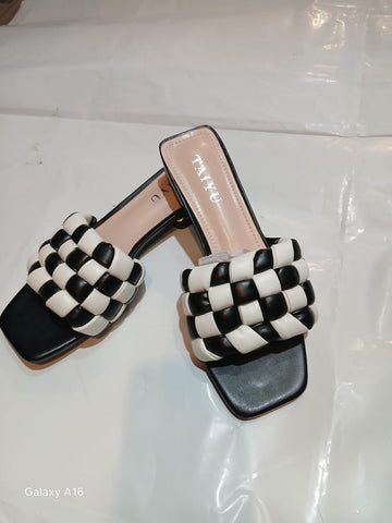 Bicolor Braided Slip-On Sandals – Open-Toe, Square-Toe Mules (Black & White)