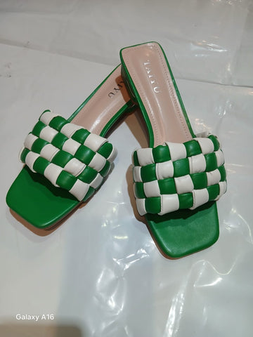 Green & White Woven Strap Sandals — Square Toe, Faux Leather