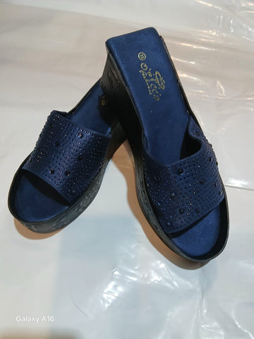 Navy Blue Embellished Slip-On Sandals – Stone-Studded Open-Toe Mules