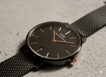 DW Classic Black Dial with Rose-Gold Accents on Mesh Strap