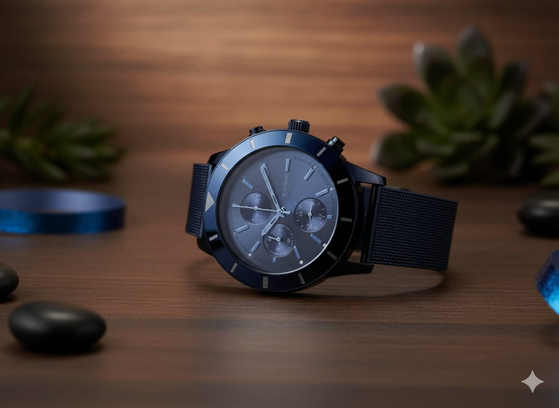 Blue Stainless Steel Chronograph Watch — Mesh Band