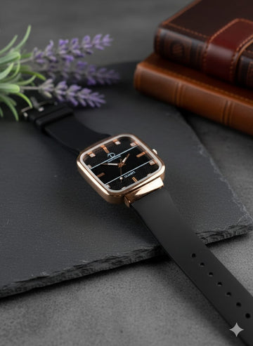 Rose Gold Square Dial Quartz Watch with Black Strap