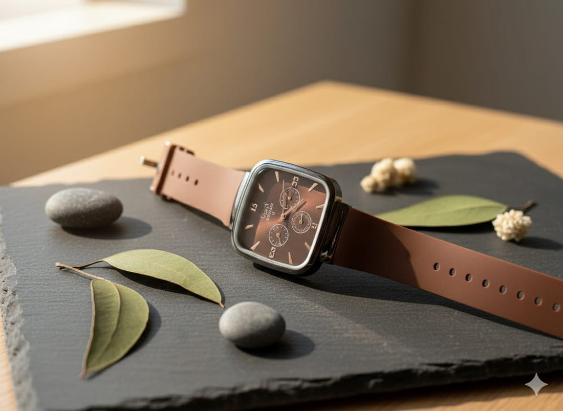 Copper Brown Square Dial Watch with Leather Strap