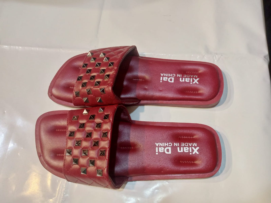 Red Stylish Slip-On Sandals with Metal Studs