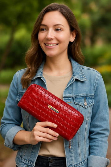 Red Croc-Embossed Zip-Around Wallet