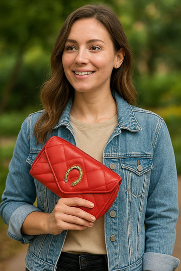 Red Leather Wallet with Snake-Inspired Clasp
